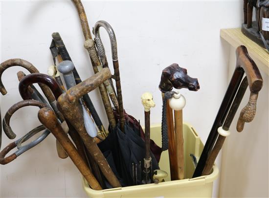 A collection of assorted walking sticks and parasols and a bayonet